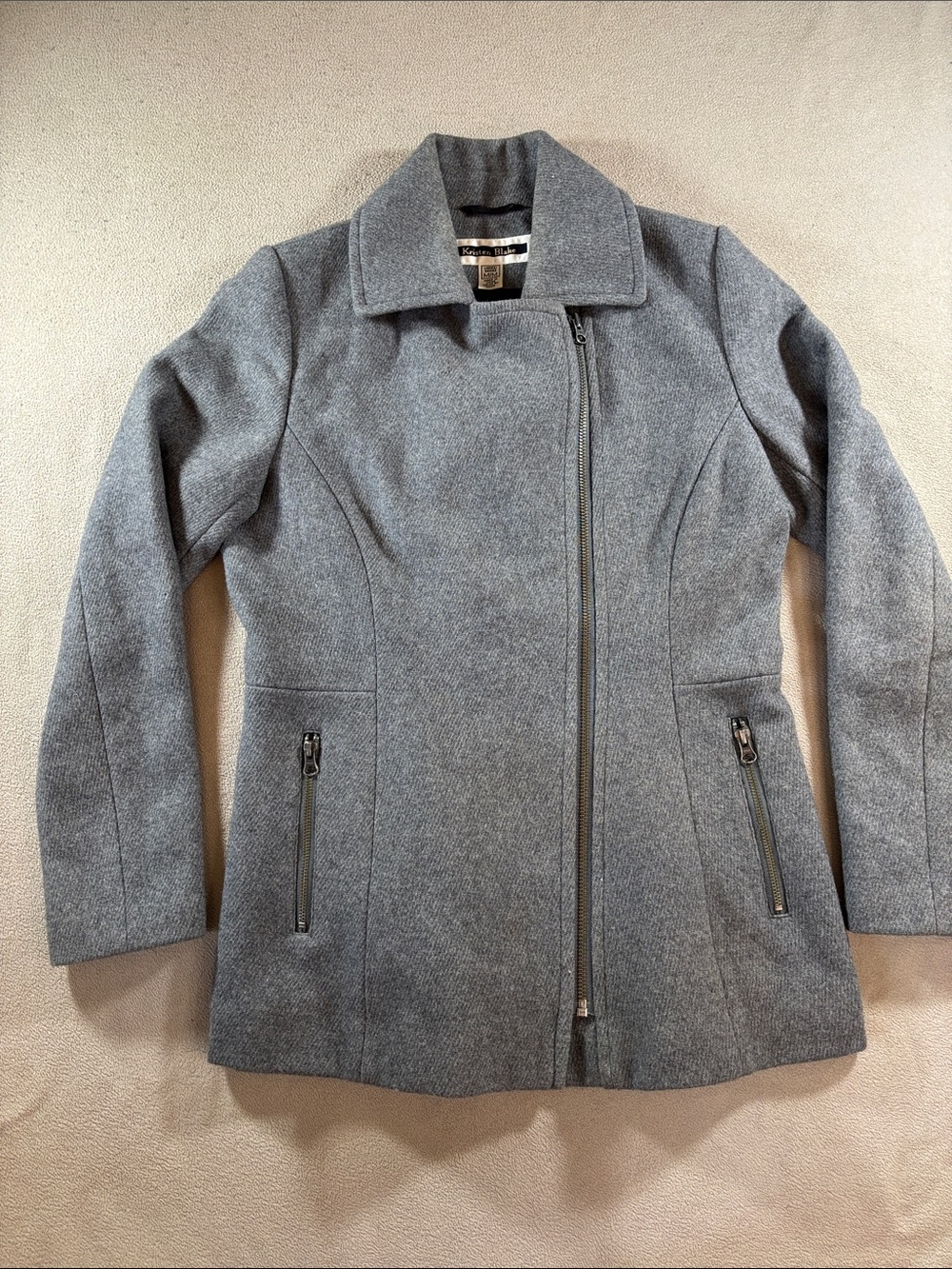 Kristen Blake Gray Asymmetric Zip Wool-Blend Pea Coat